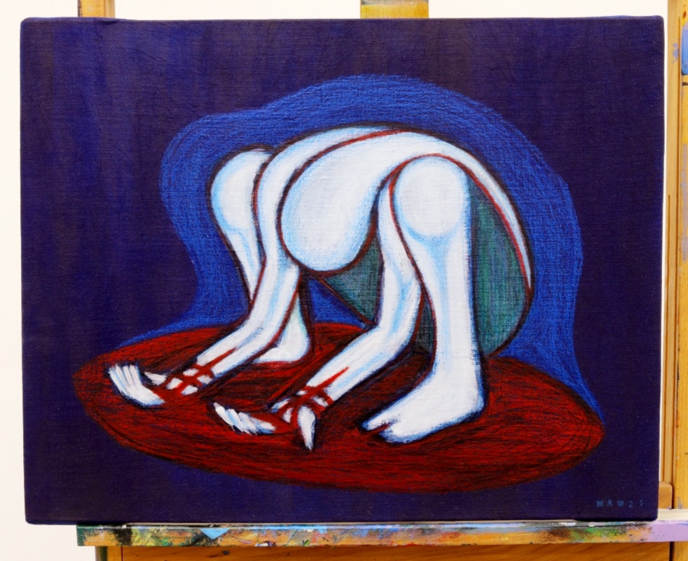 "Bleed." 50X40 tempera, pastellit, akryyli, puuvärit, vernissa. 320e