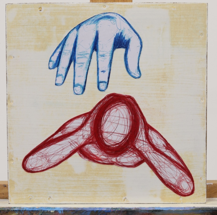 "Kontrol." 25X25 tempera, muste, puuvärit, lakka. 110e