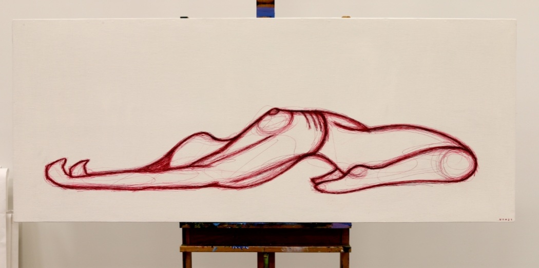 "Sleeping Hero." 150X60 muste, puuvärit, vernissa. 420e